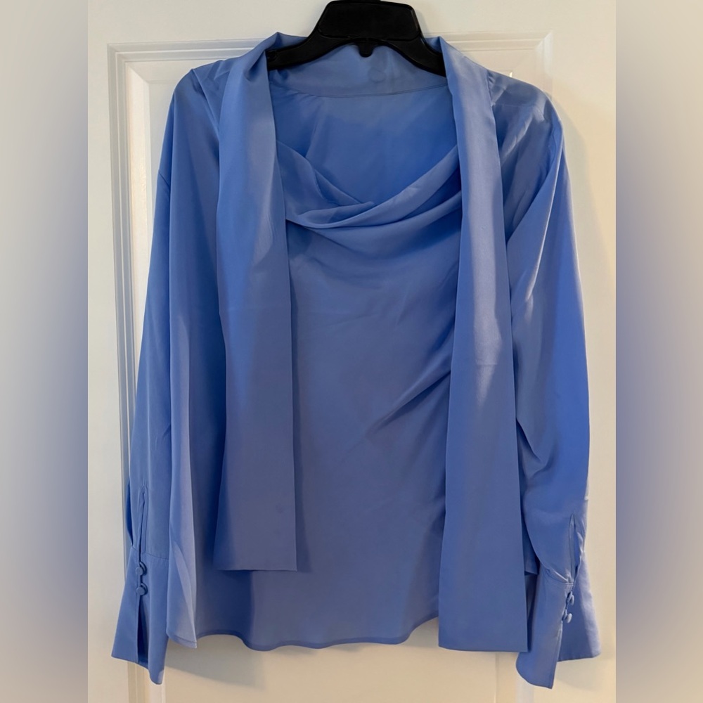 Periwinkle cowl neck long sleeve silk blouse